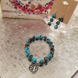 Beaded Earrings and bracelet set w/ initial charm